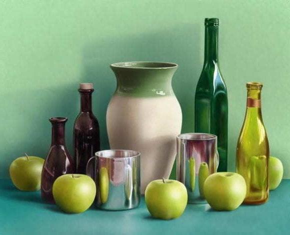 苹果、瓶子、花瓶的静物画